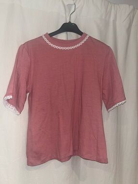 LK Bennett Rose Pink Short Sleeve Tee with White Lace Trim